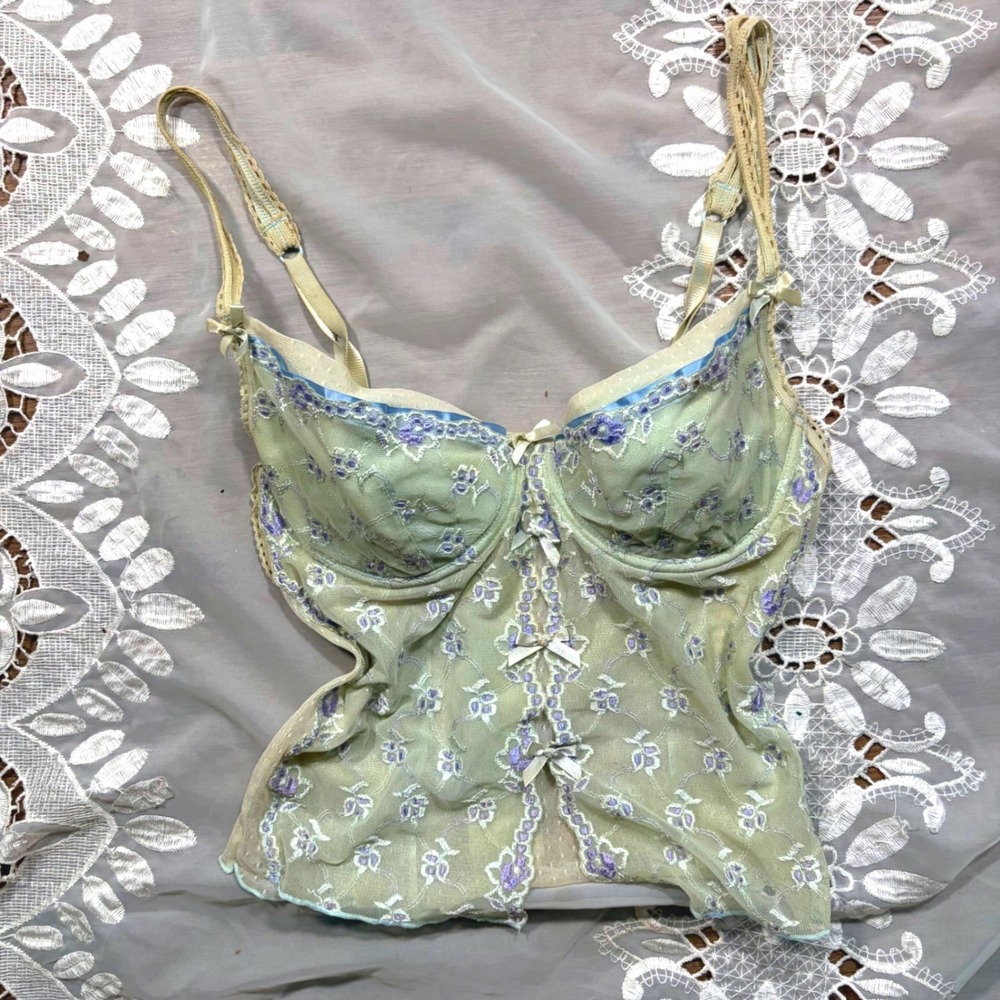 Vintage Y2K Rampage Sage Green Floral Embroidered Mesh Bustier Top 36B